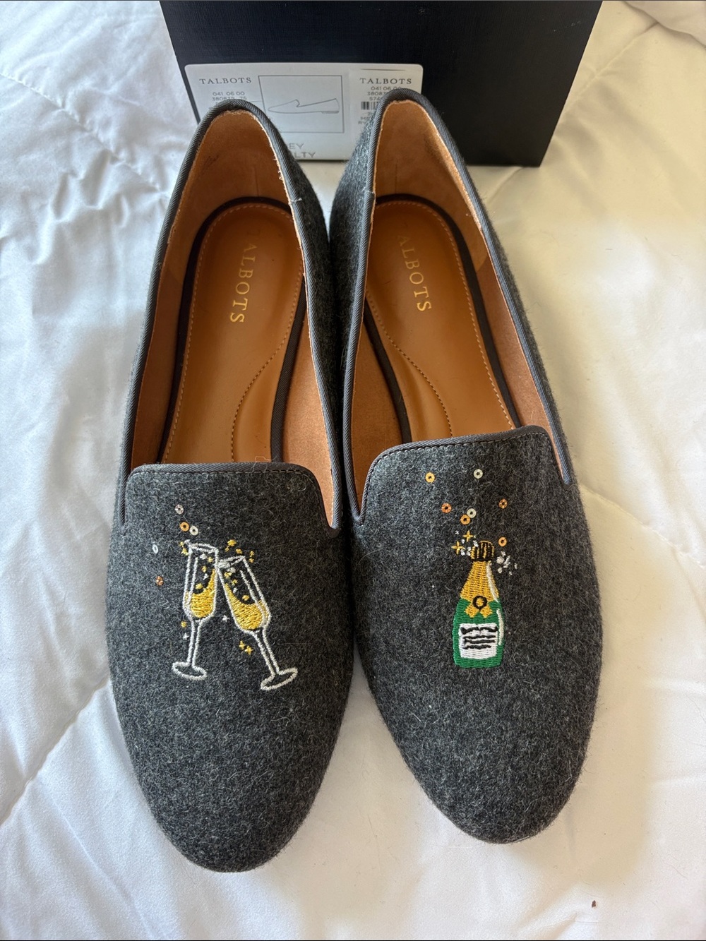 Talbots Dark Gray Wool Embroidered Champagne Loafers